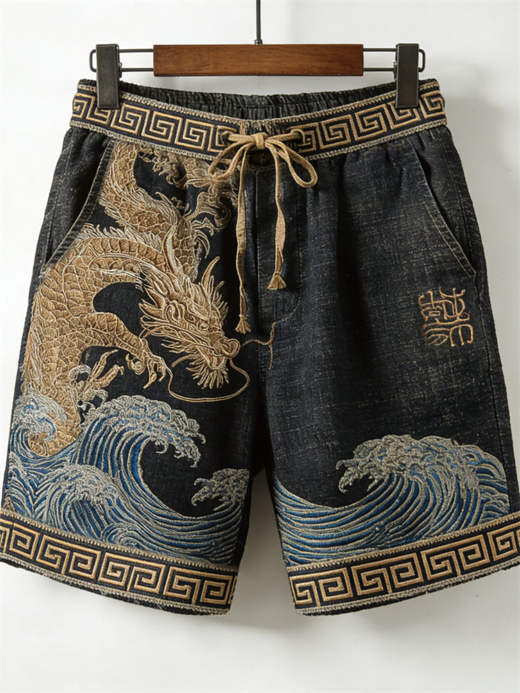 Men's Japanese Gold Dragons Sea Waves Drawstring Linen Shorts