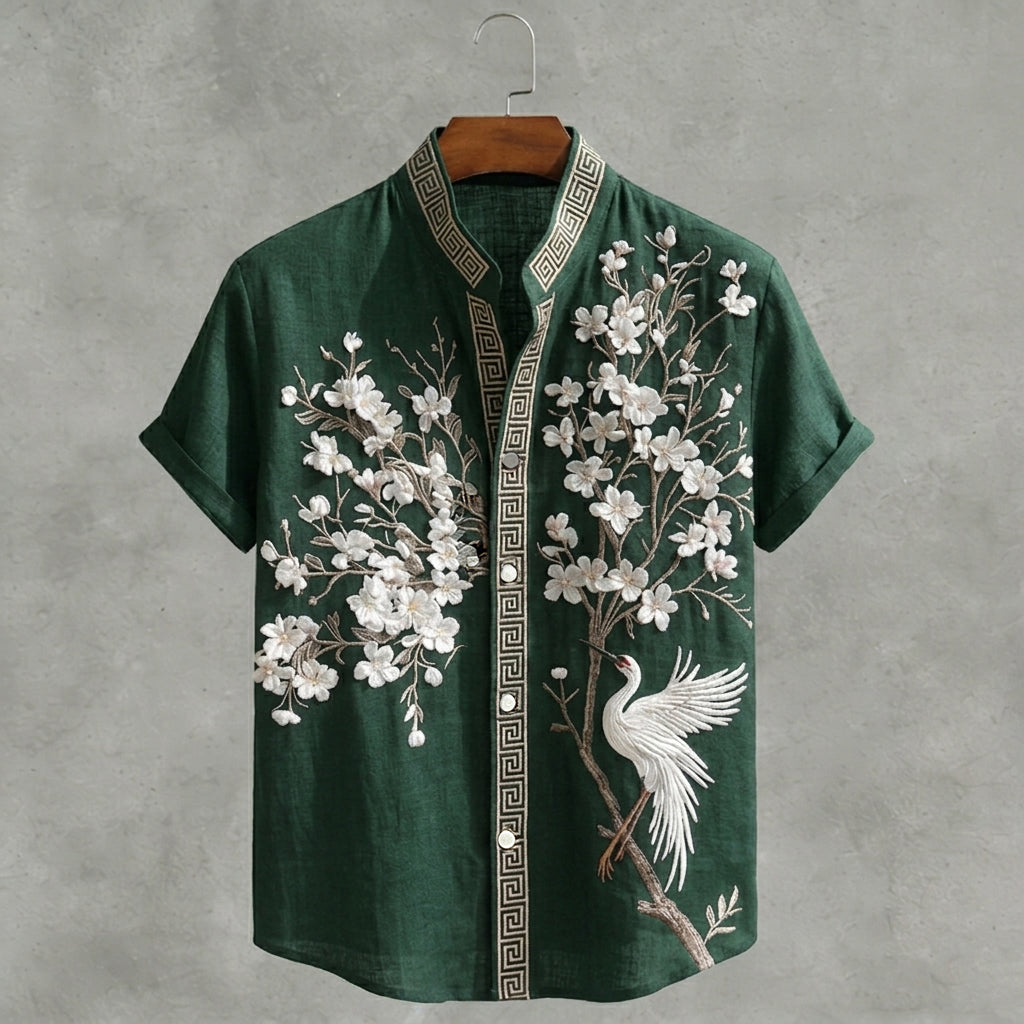 Japanese Cherry Blossom & Crane Art Linen Blend Shirt