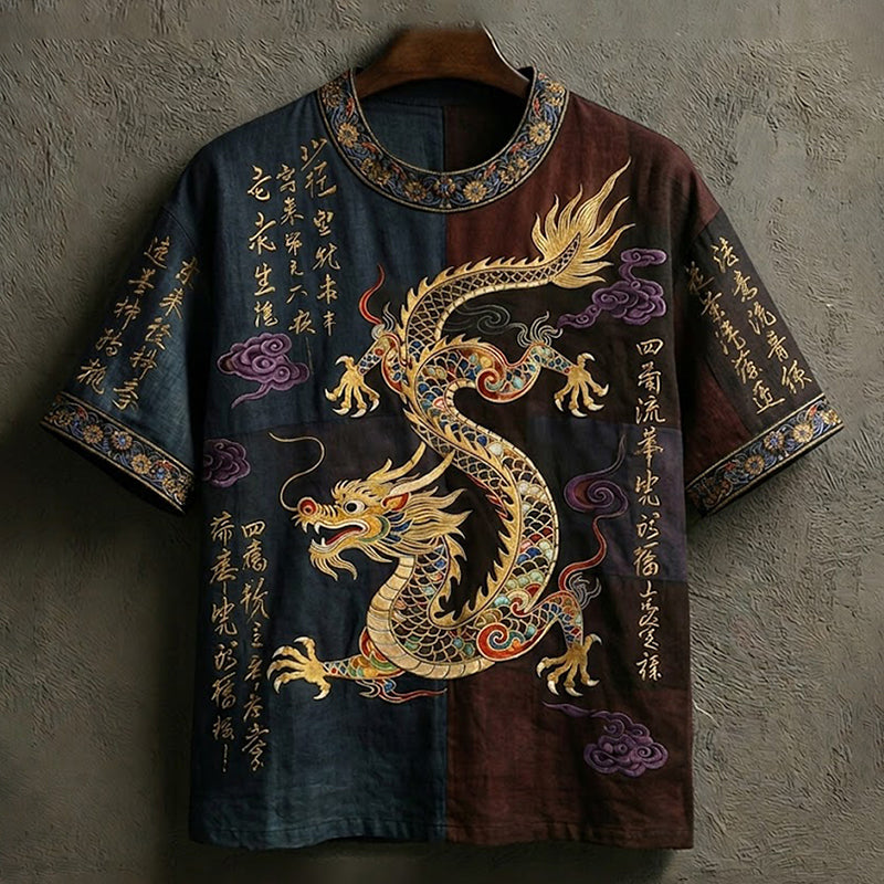 Men's Vintage Japanese Calligraphy Dragon Art Short Sleeve Linen Blend T-shirt