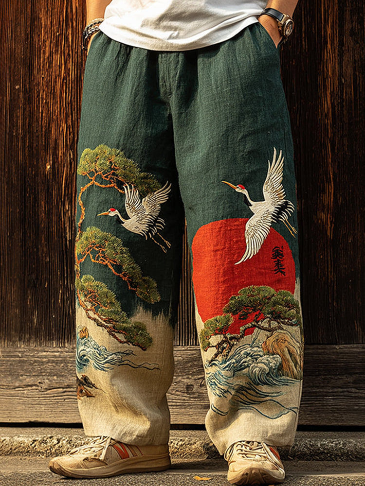 Men's Vintage Japanese Pine Crane Embroidery Art Casual Linen Blend Pants