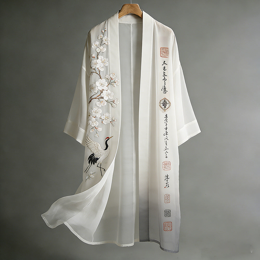 Japanese Art Crane And Cherry Blossom Calligraphy Embroidered Flowing Cotton Linen Kimono