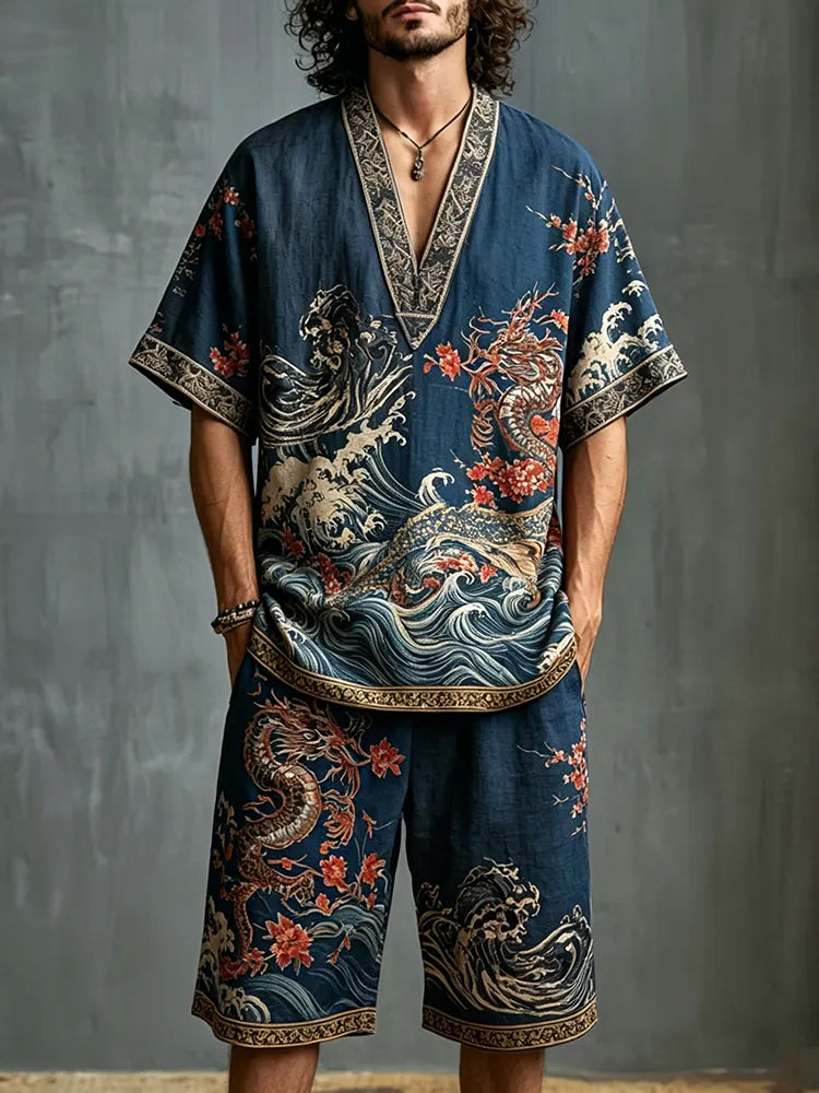 Men's Wave And Plum Blossom Design Cotton Linen V-neck Short-sleeve Shorts Two-piece Set