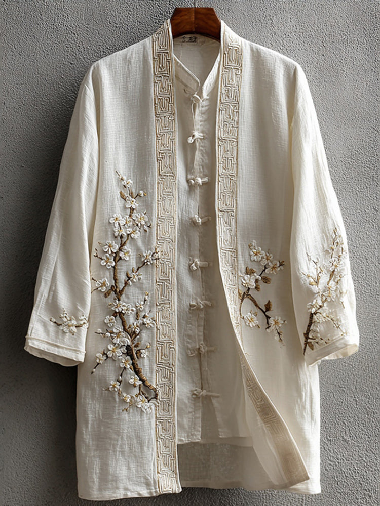 Men's Vintage Japanese Cherry Blossom Art Linen Blend Kimono