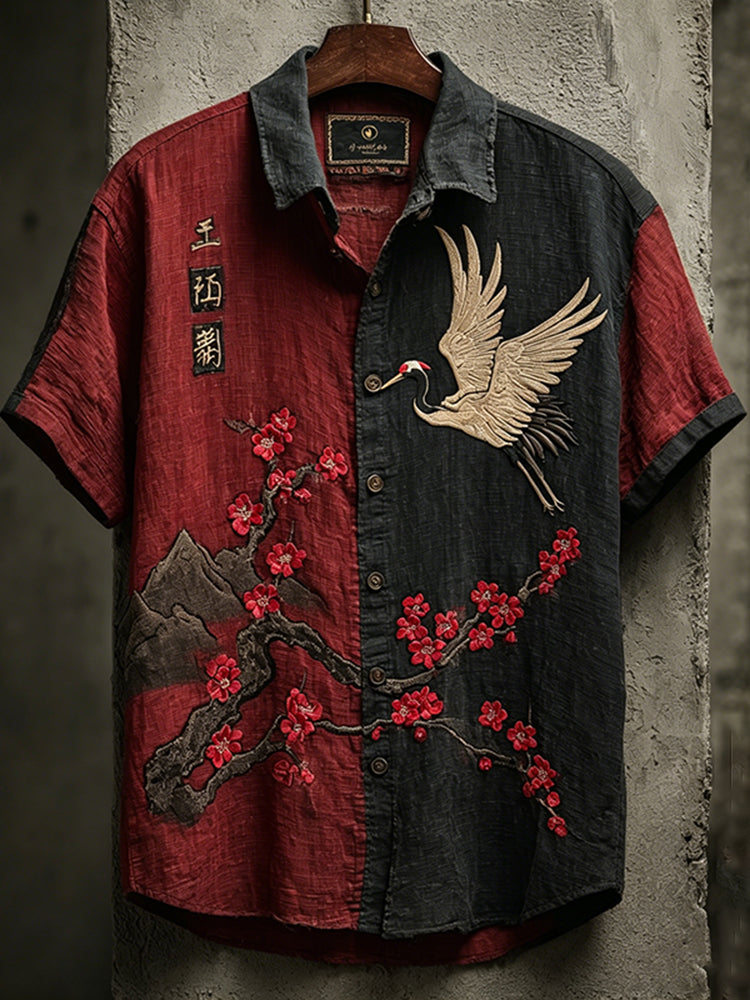 Men's Retro Red Plum With Cranes Color-block Art Linen Shirt