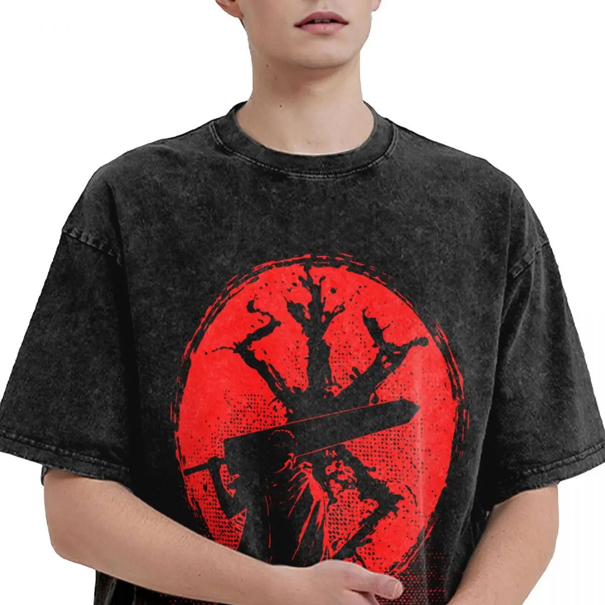 Anime Berserk Guts Washed Vintage T-Shirt - Ver. Red Moon