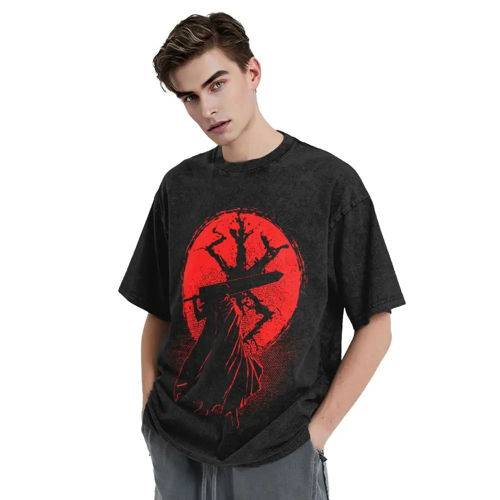 Anime Berserk Guts Washed Vintage T-Shirt - Ver. Red Moon