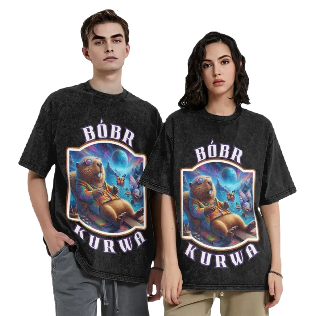 Cartoon Washed Cotton Vintage Tee - Bobr Kurwa