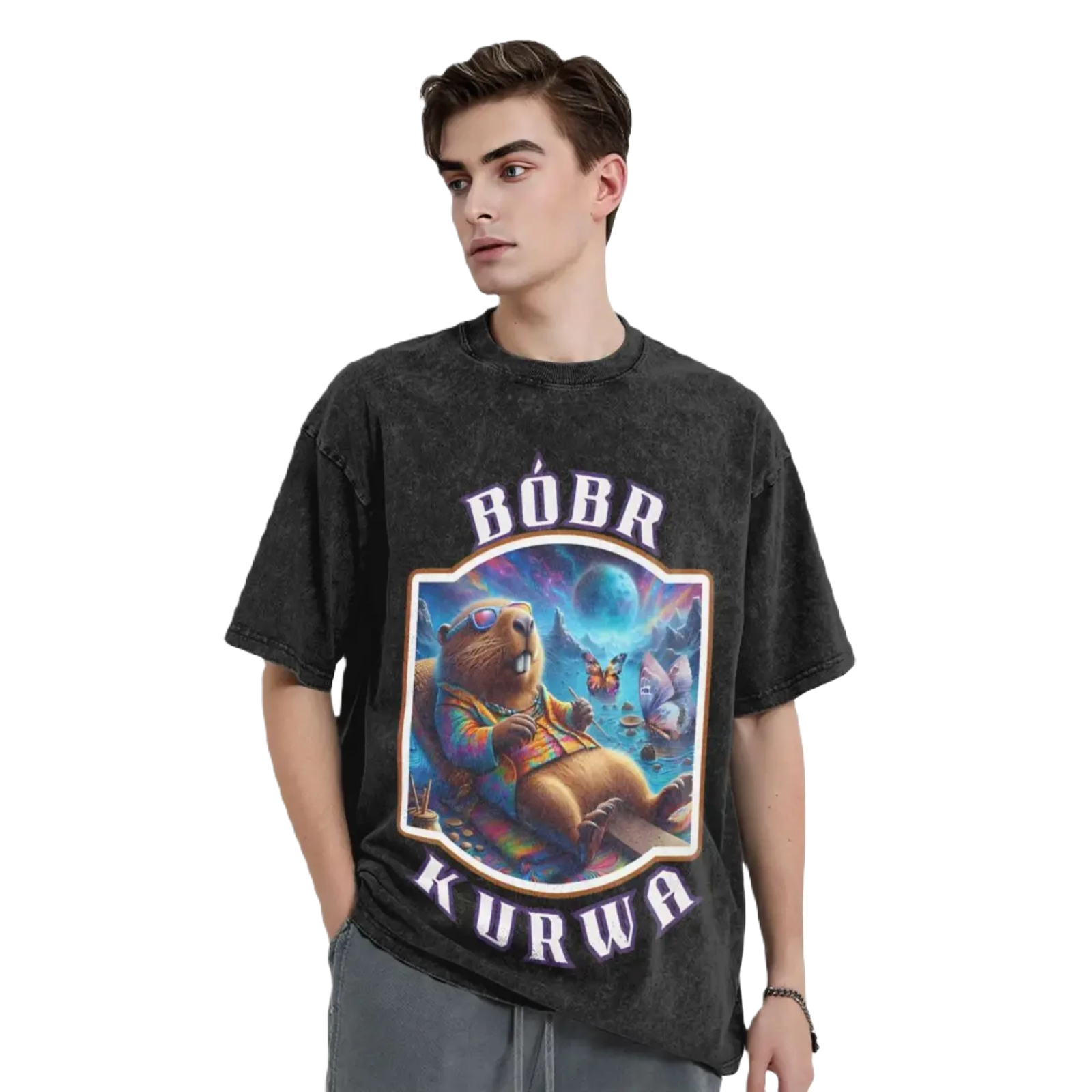 Cartoon Washed Cotton Vintage Tee - Bobr Kurwa