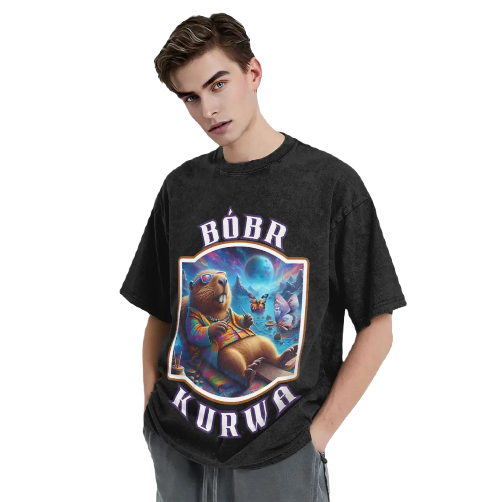 Cartoon Washed Cotton Vintage Tee - Bobr Kurwa