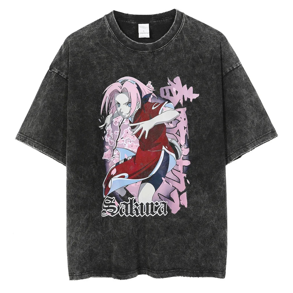 Naruto Sakura T-shirt - Anime Streetwear Harajuku - Washed Vintage