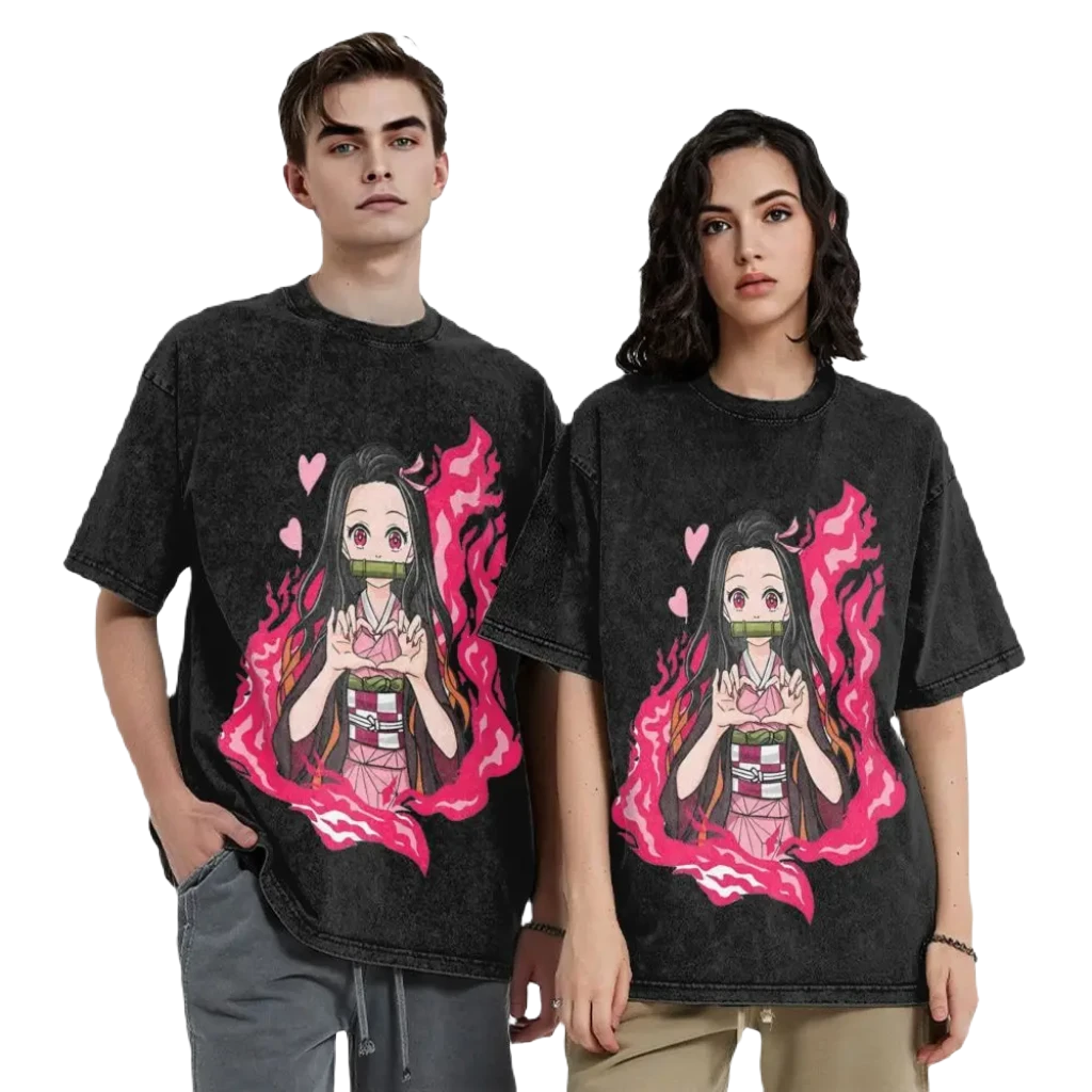 Anime Washed Cotton Tee - Nezuko Heart Demon Slayers