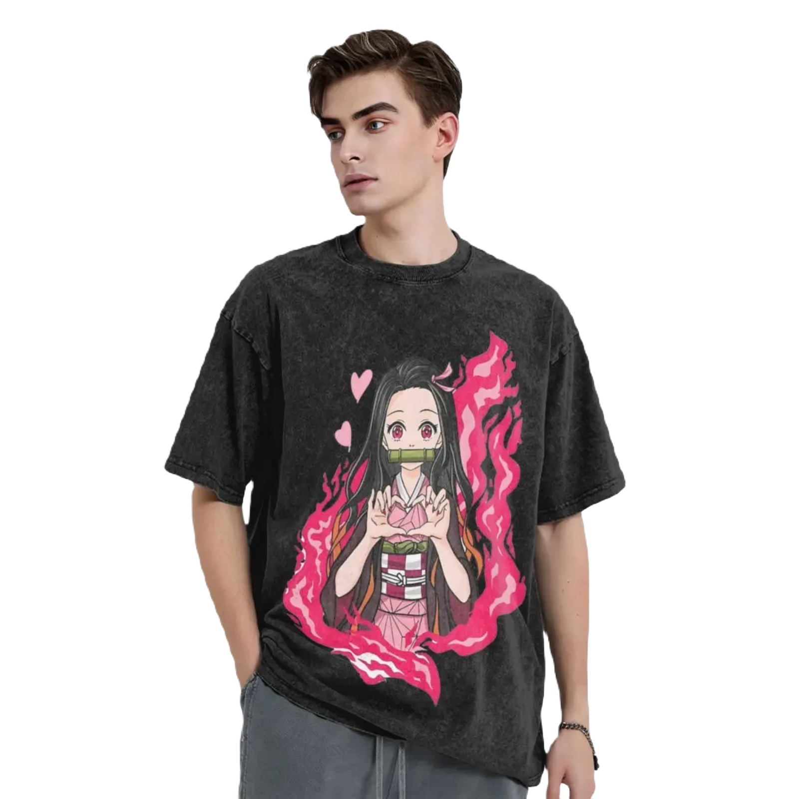 Anime Washed Cotton Tee - Nezuko Heart Demon Slayers