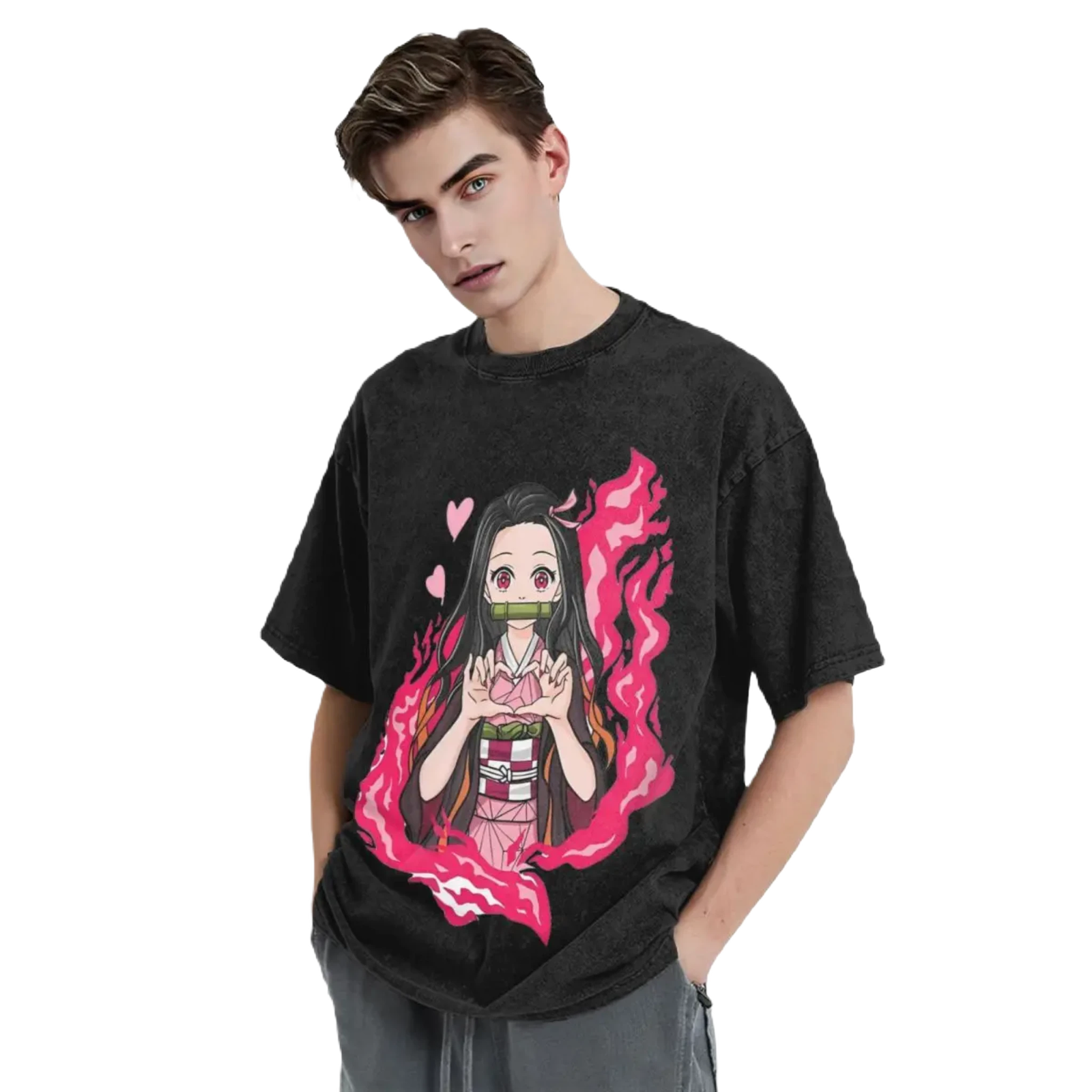Anime Washed Cotton Tee - Nezuko Heart Demon Slayers