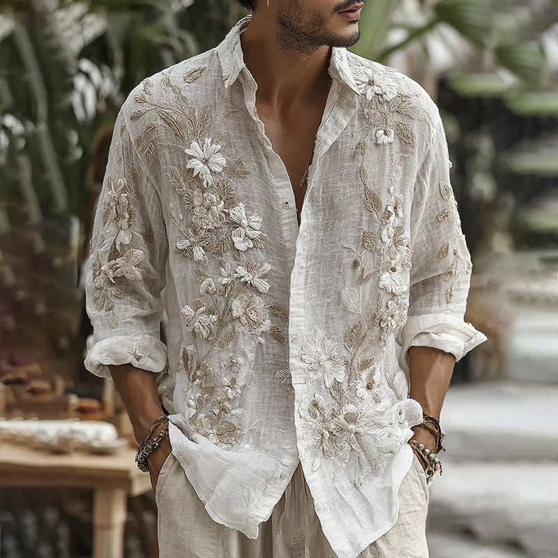 Men's Vintage Floral Embroidered Art Comfy Linen Shirt
