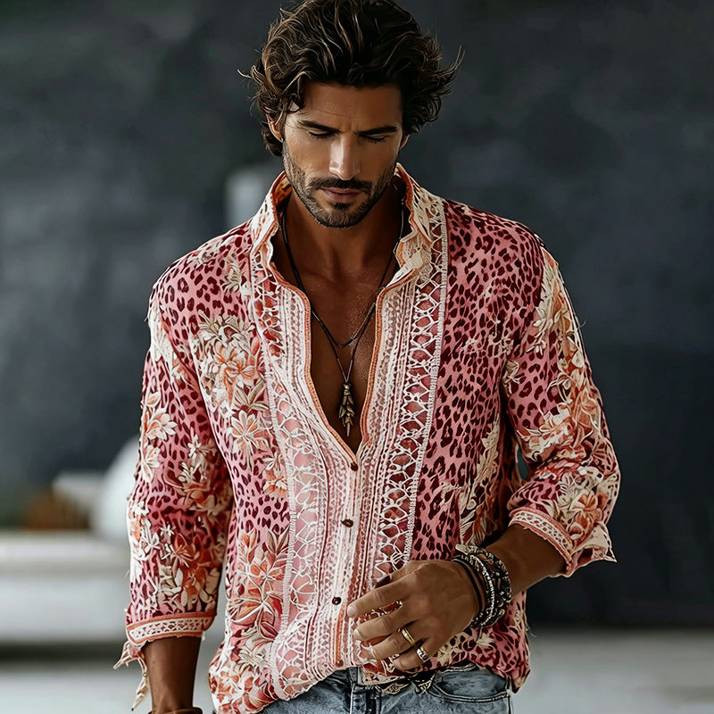 Men's Retro Floral In Leopard Art Print Flowy Linen Blend Shirt