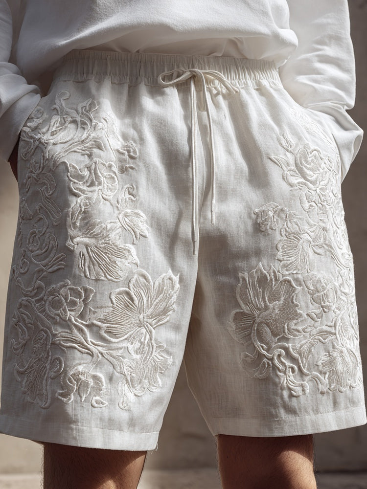 Men's Floral Lace Embroidered Comfy Linen Shorts