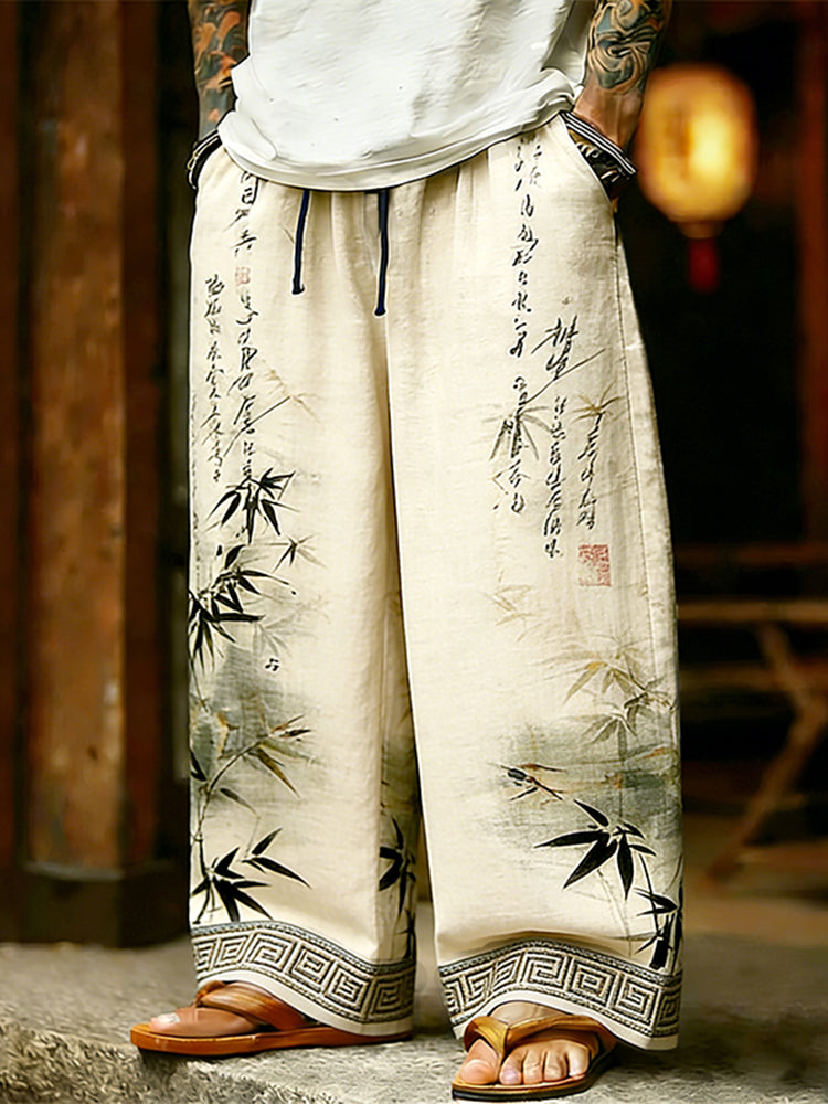 Men's Vintage Bamboo With Calligraphy Pattern Comfy Linen Pants