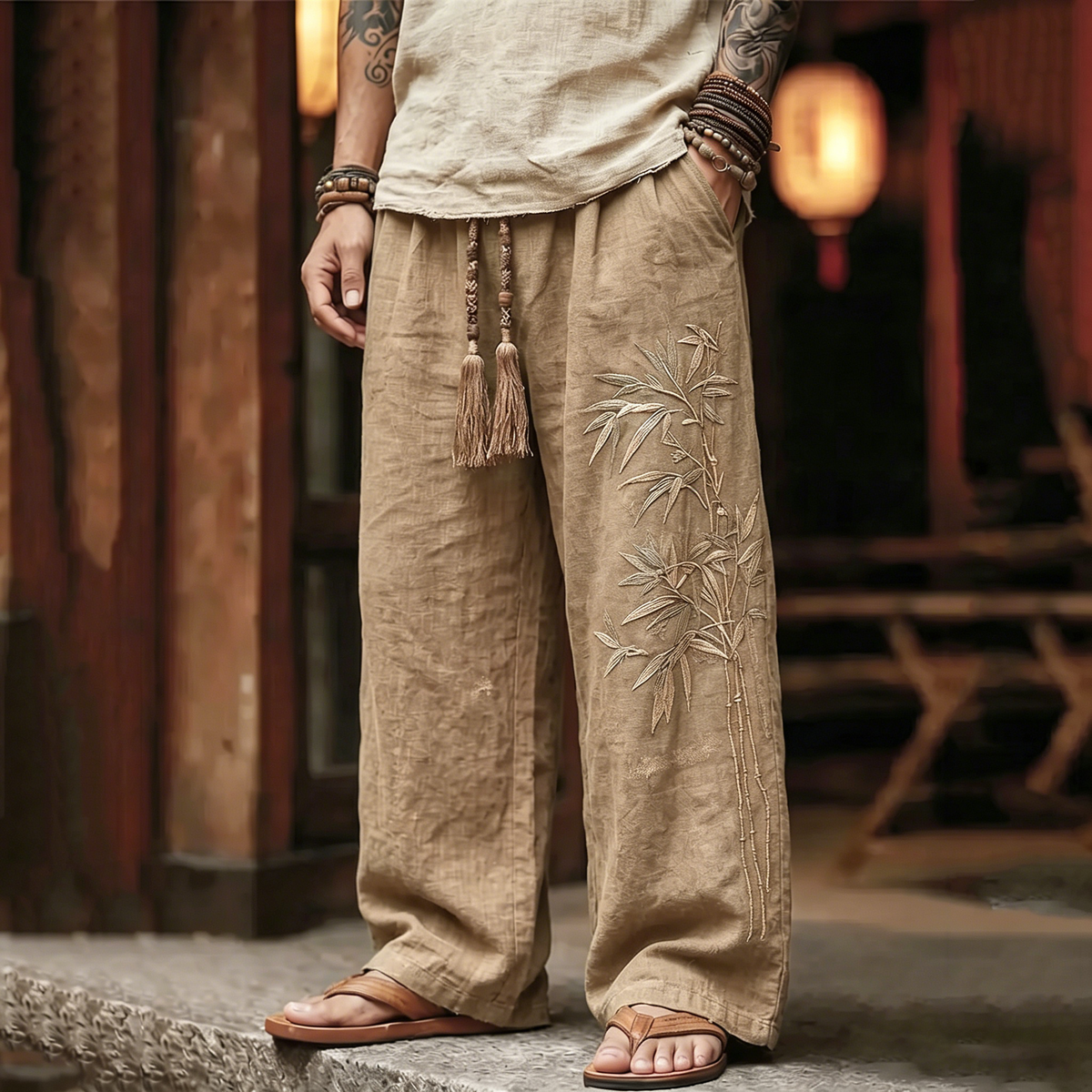 Men's Vintage Japanese Bamboo Embroidery Art Linen Blend Pants