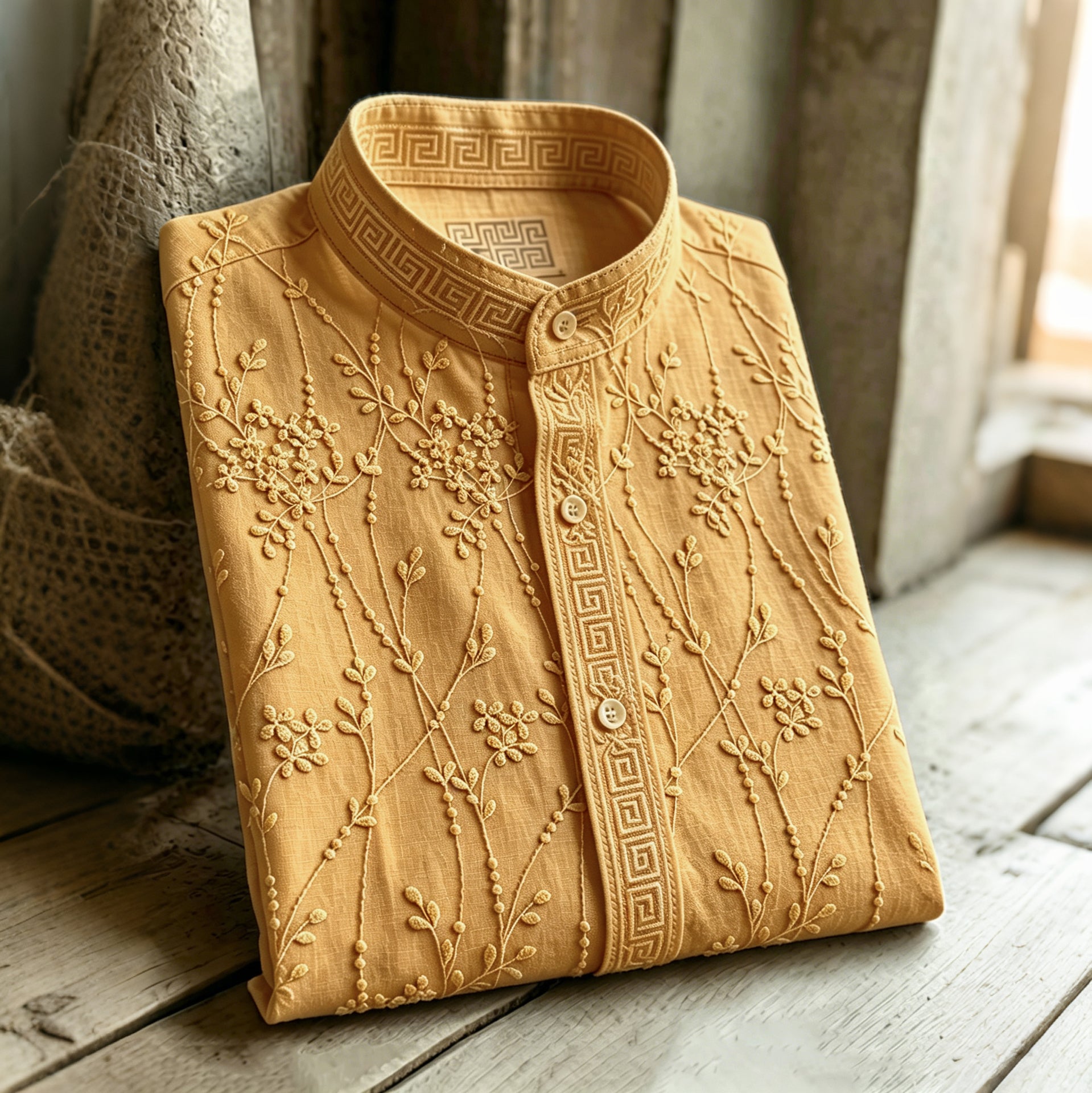 Retro Floral Pattern Casual Linen Blend Shirt