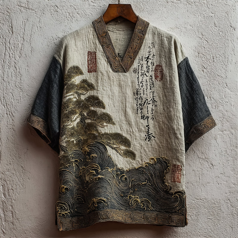 Men's Japanese Pine Trees & Sea Waves Calligraphy Art Linen Shirt