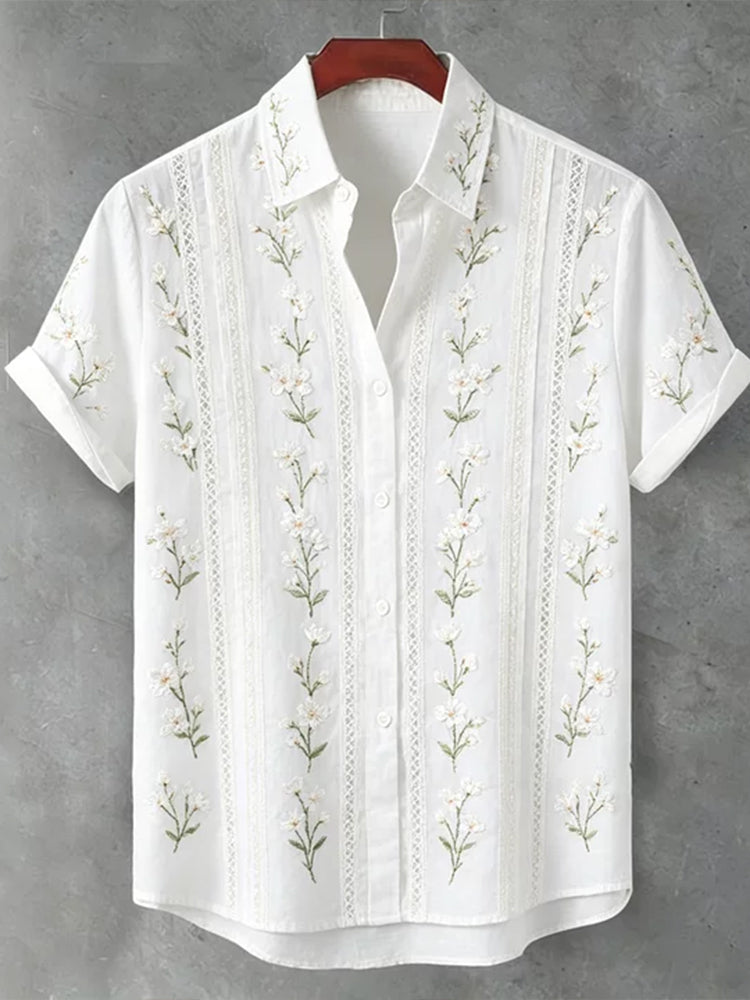 Vintage White Cherry Blossom Art And Lace Texture Cotton Linen Lapel Short Sleeve Shirt