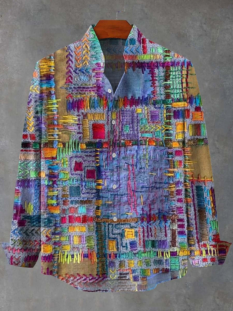 Men's Vintage Purple Patchwork Ethnic Art Print 100% Cotton Long Sleeve Shirt