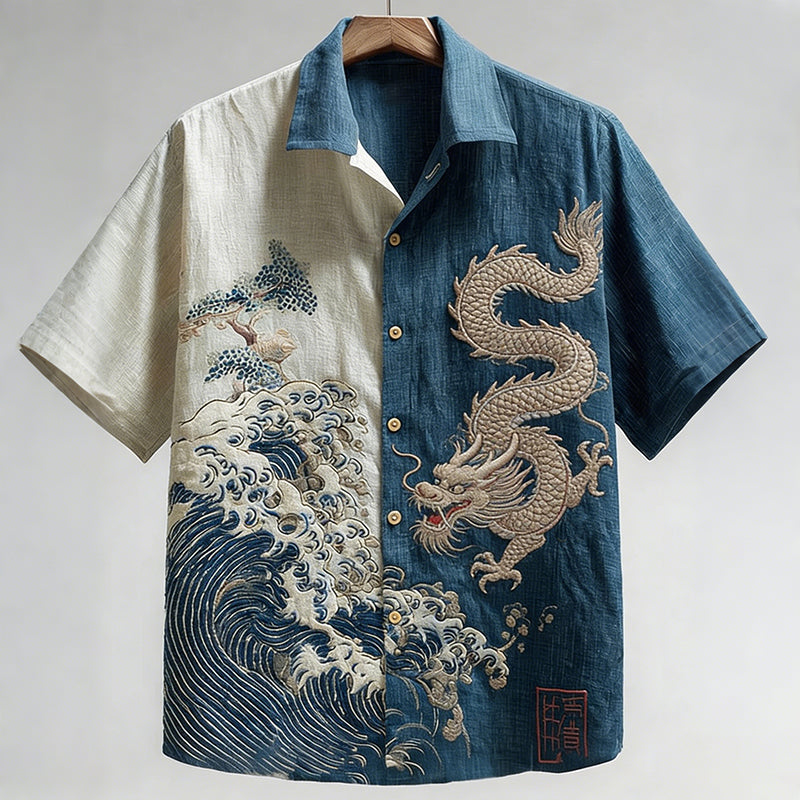 Men's Retro Japanese Waves Dragon Pattern Short-sleeve Shirt