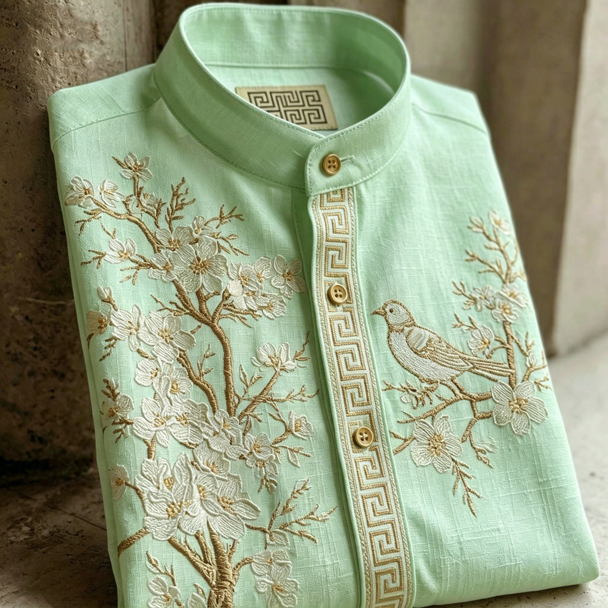Retro Cherry Blossom And Bird Pattern Short-sleeve Shirt