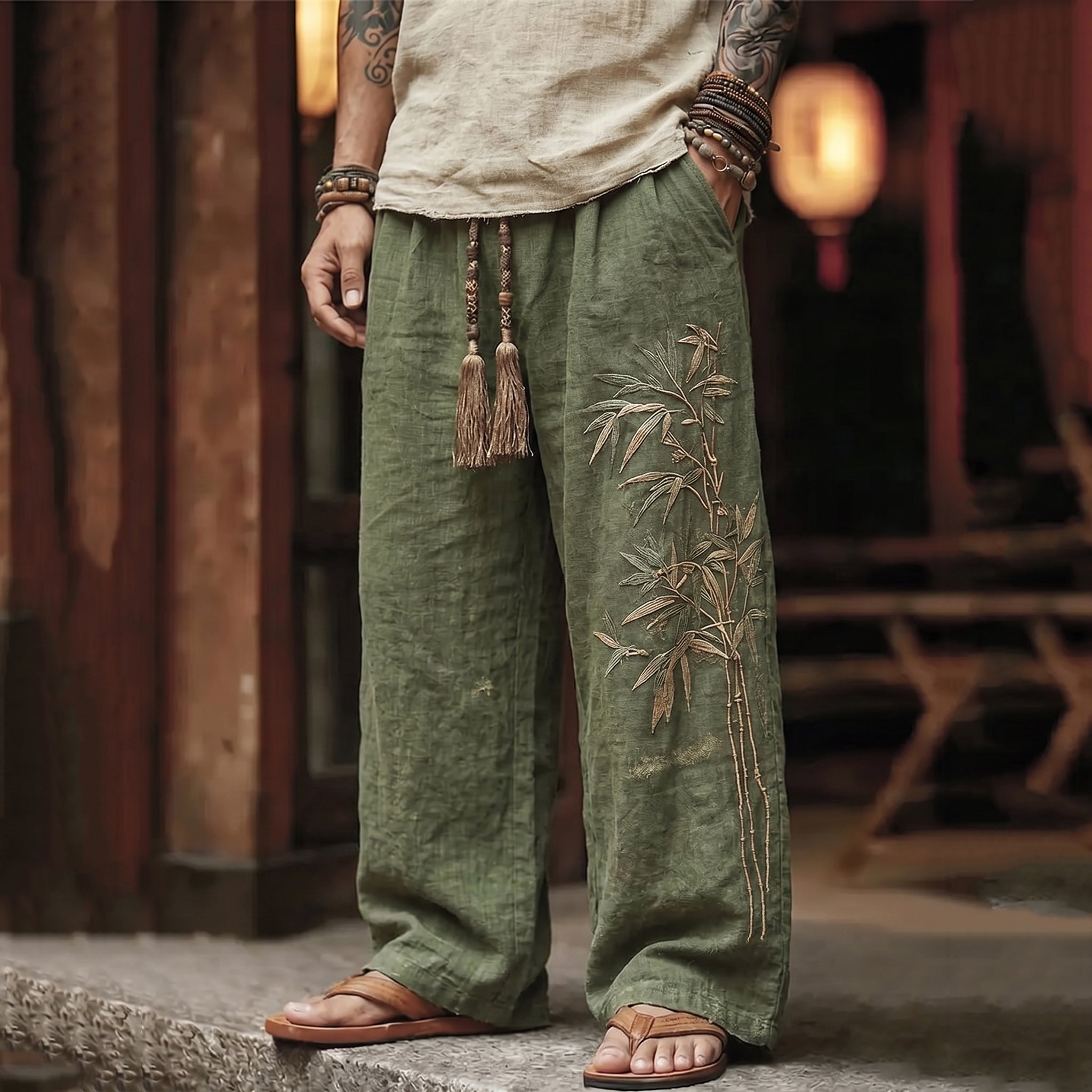 Men's Vintage Japanese Bamboo Embroidery Art Linen Blend Pants