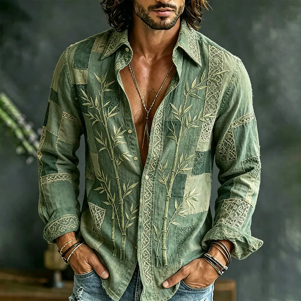 Men's Vintage Japanese Style Bamboo Patchwork Art Long Sleeve Shirt