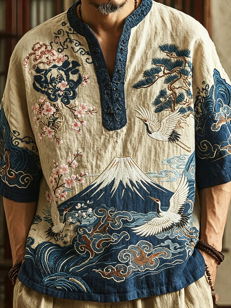 Men's Retro Japanese Crane Floral Wave Design Short-sleeve Top