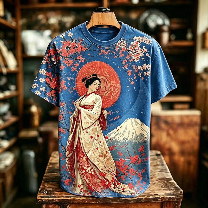 Men's Retro Japanese Geisha Cherry Blossom And Mount Fuji Pattern Crew Neck T-shirt