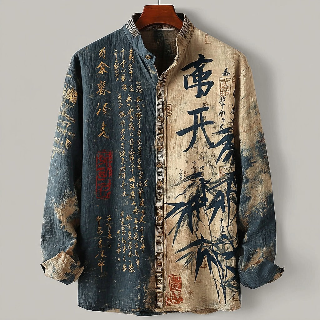 Retro Japanese Style Bamboo Leaf And Calligraphy Linen Long-sleeved Shirt