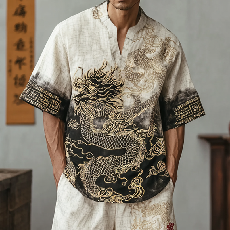 Men's Retro Dragon Design Loose Fit Suit