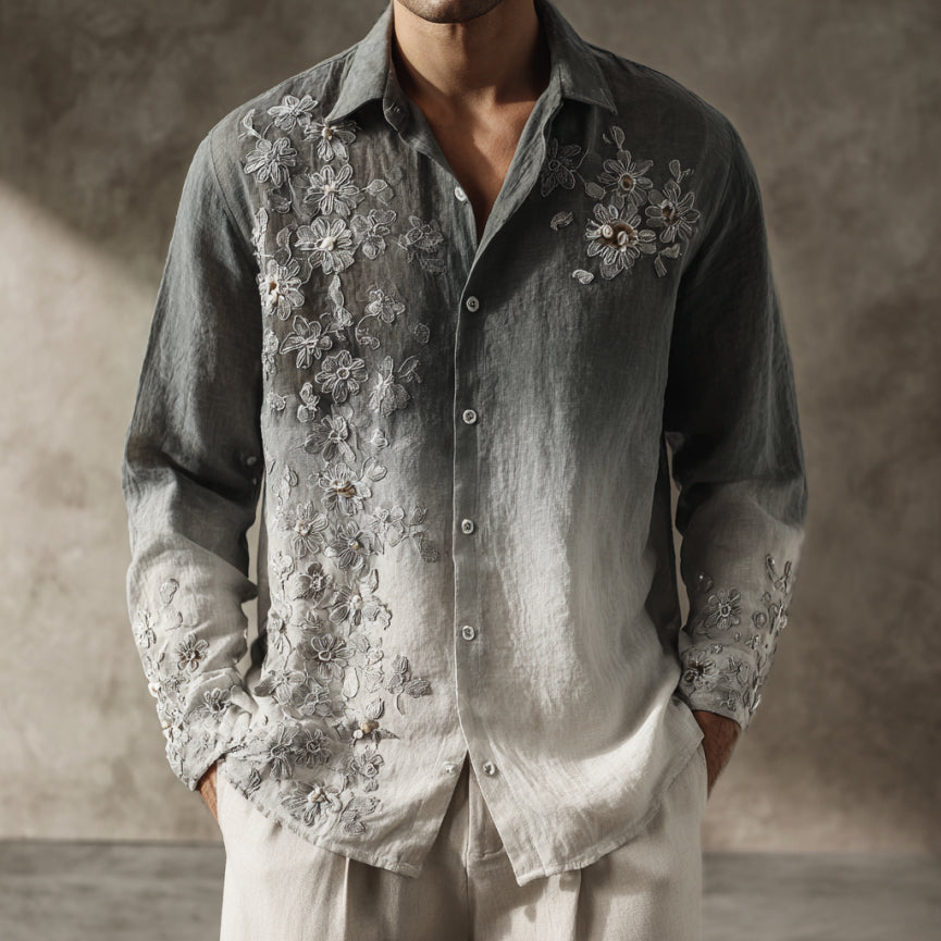 Men's Boho Floral Embroidered Gradient Linen Shirt