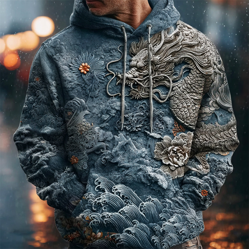 Japanese Dragon & Ocean Art Men's Hooded Sweatshirt