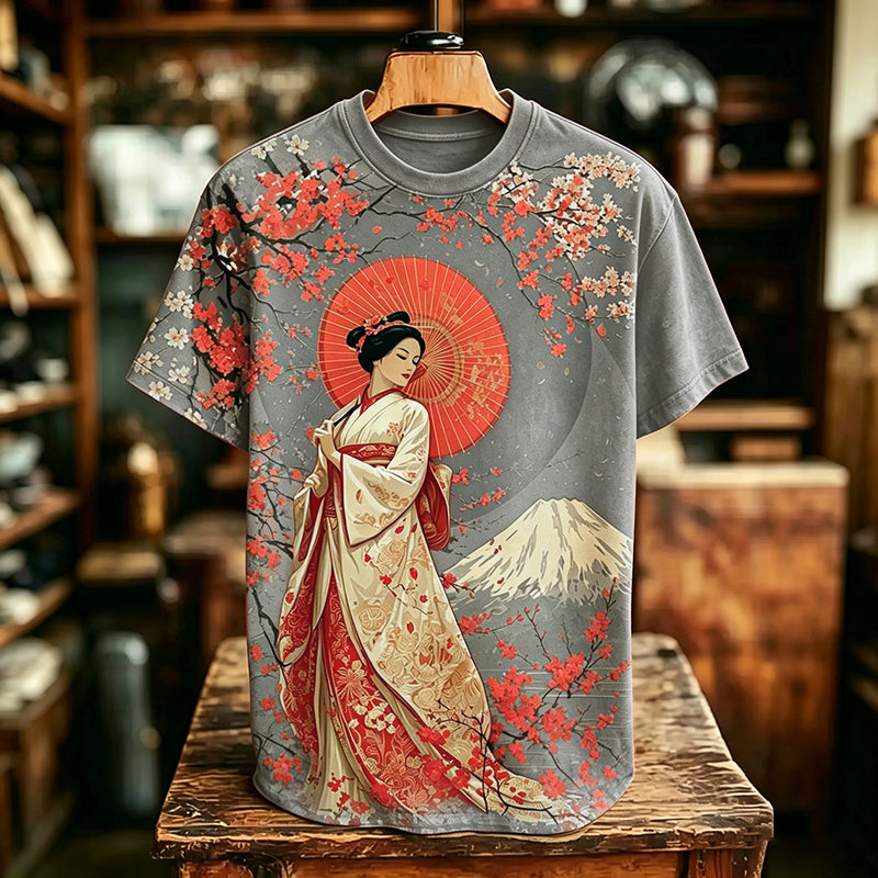 Men's Retro Japanese Geisha Cherry Blossom And Mount Fuji Pattern Crew Neck T-shirt