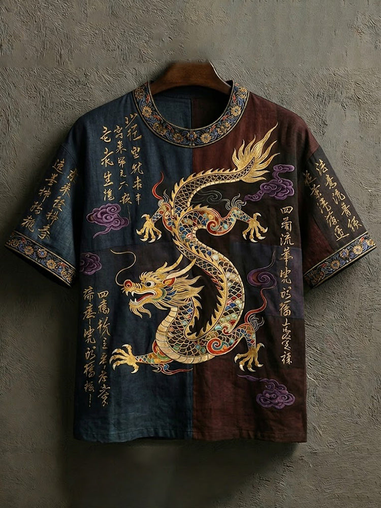 Men's Vintage Japanese Calligraphy Dragon Art Short Sleeve Linen Blend T-shirt