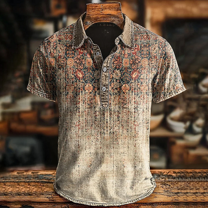 Men's Retro Ethnic Gradient Art Printed Casual Short Sleeve Polo Shirt