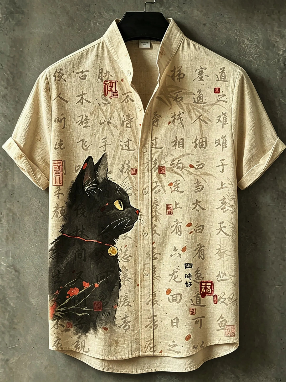 Men's Retro Japanese Art Cat And Calligraphy Print Shirt