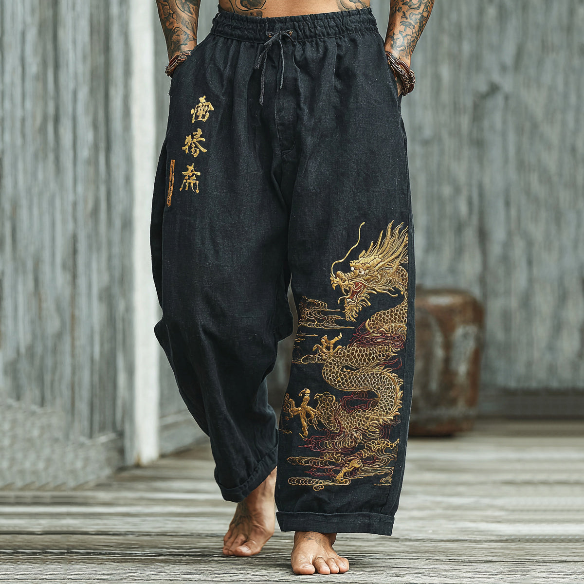 Men's Retro Japanese Dragon Art Print Linen Blend Pants