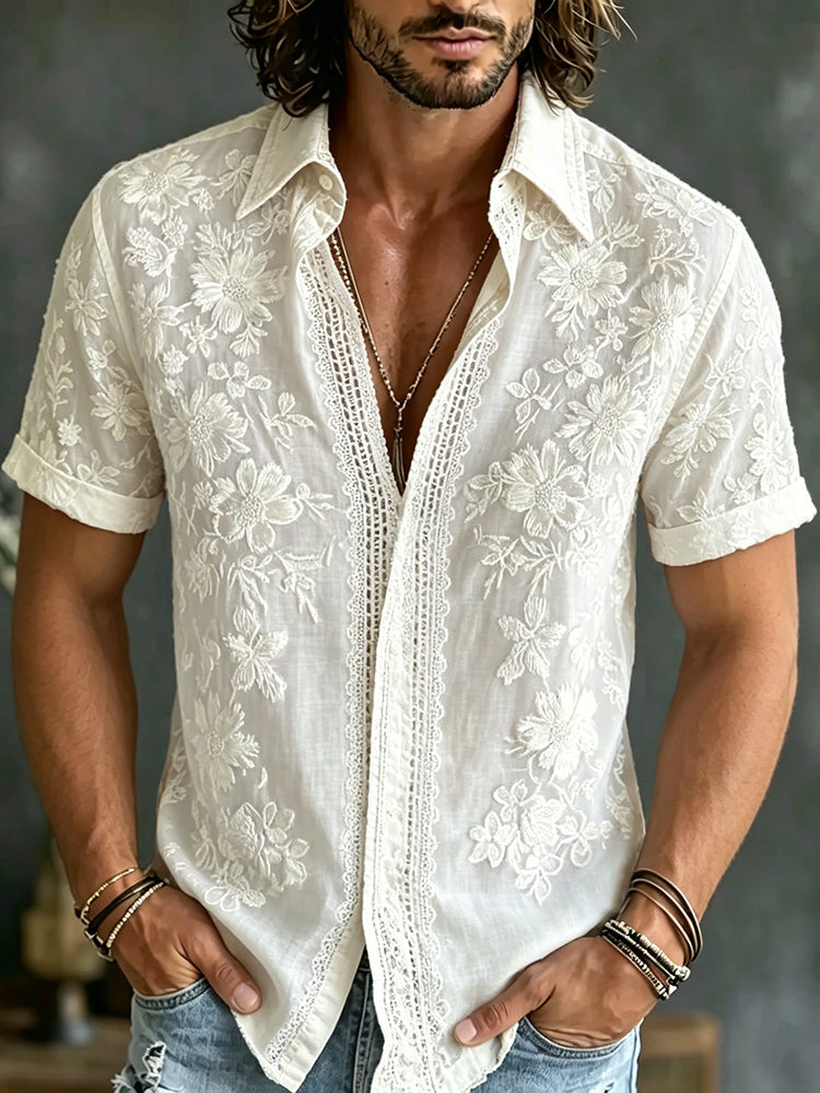 Men's Floral Art Embroidery Casual Cotton Linen Shirt