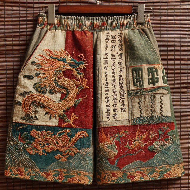 Vintage Japanese Dragon & Calligraphy Art Pattern Casual Blend Shorts