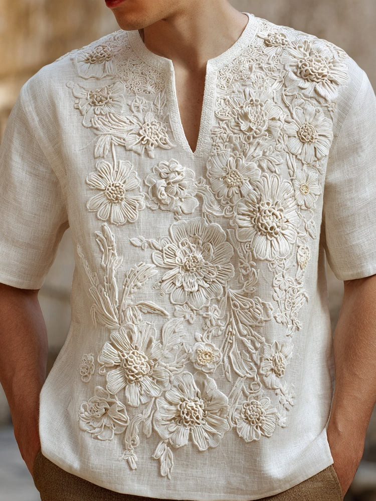 Men's Vintage Floral Lace Embroidered Linen Shirt