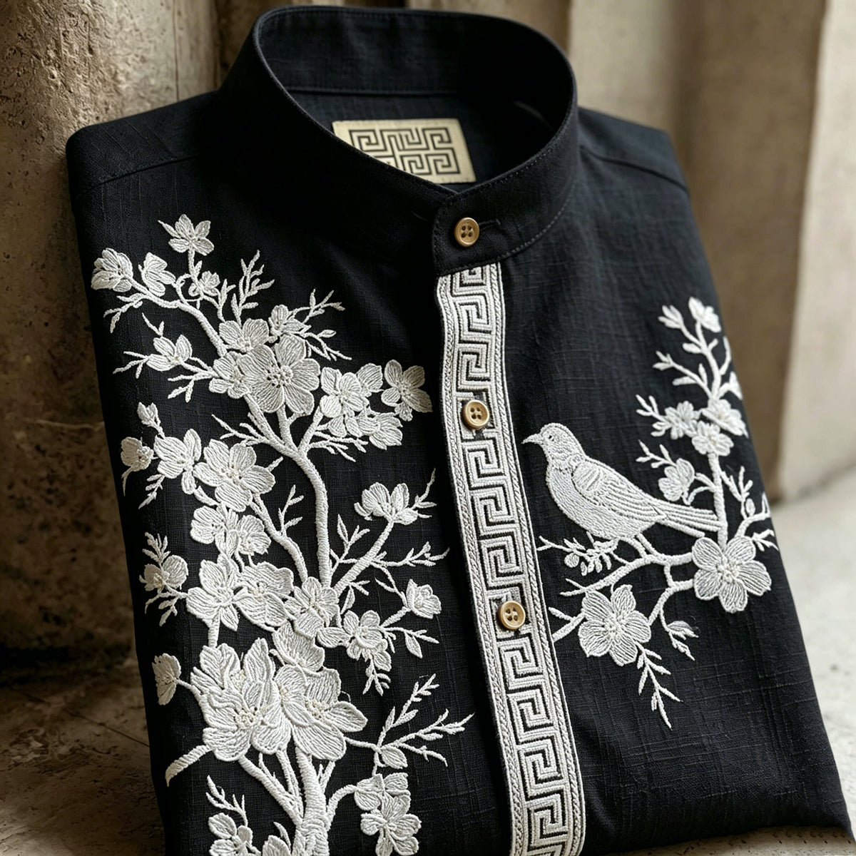 Retro Cherry Blossom And Bird Pattern Short-sleeve Shirt