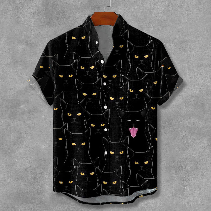 Retro Abstract Black Cat Art Linen Shirt