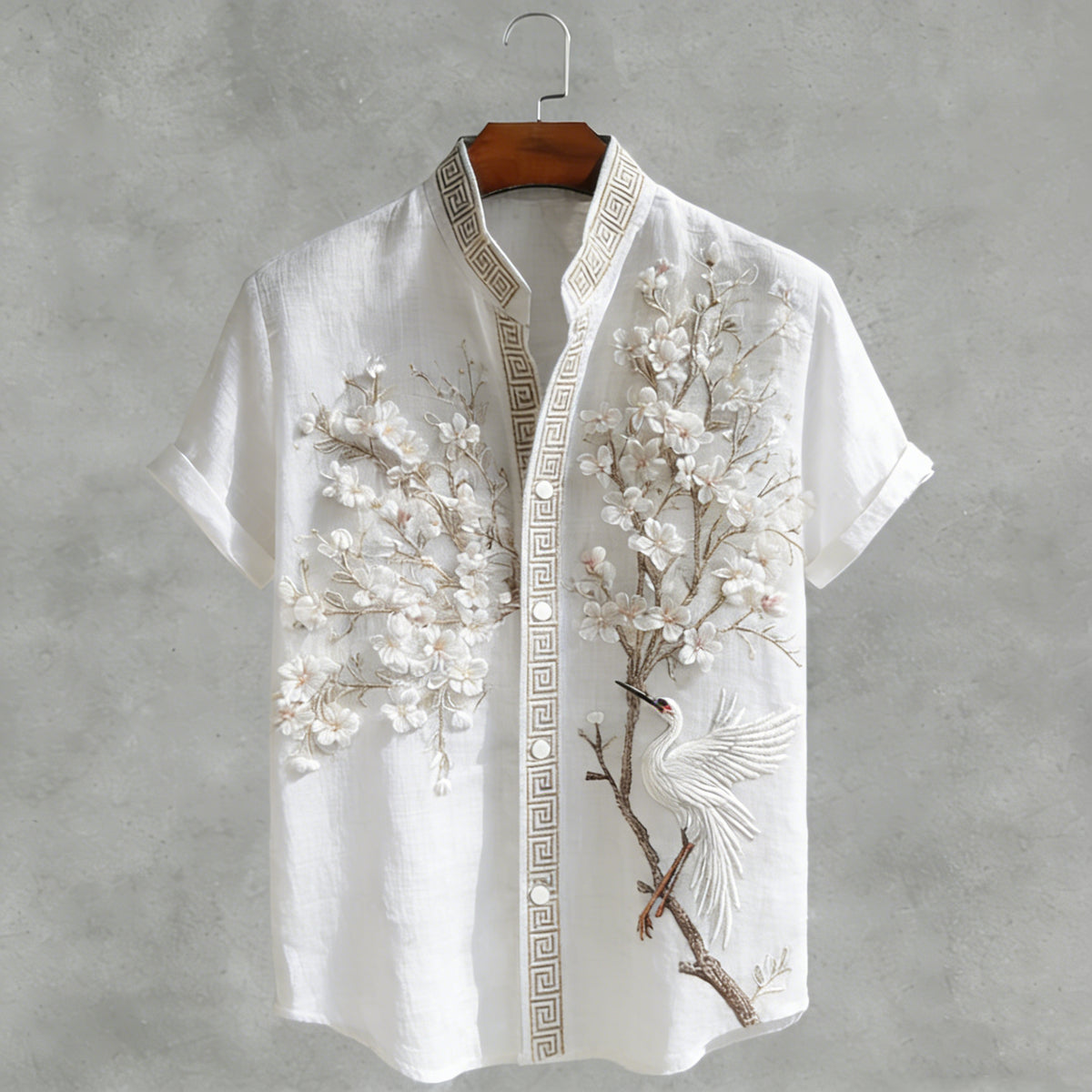 Japanese Cherry Blossom & Crane Art Linen Blend Shirt