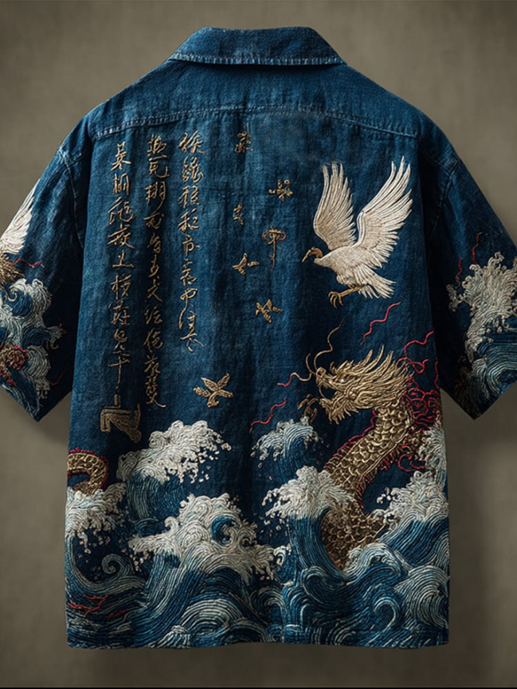 Men's Wave And Crane Embroidered Japanese Linen Shirt