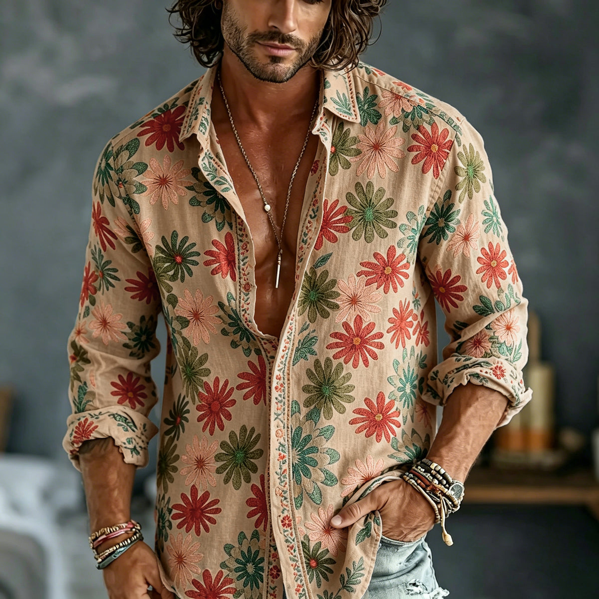 Men's Spring Summer Colorful Floral Embroidered Art Print Flowy Linen Blend Shirt