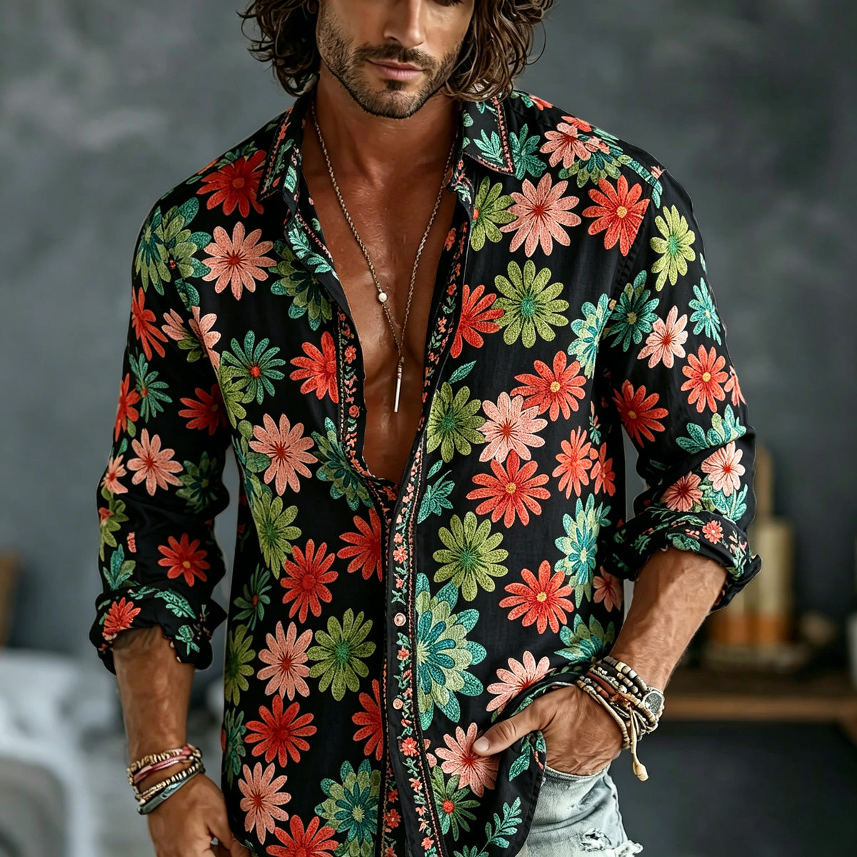 Men's Spring Summer Colorful Floral Embroidered Art Print Flowy Linen Blend Shirt